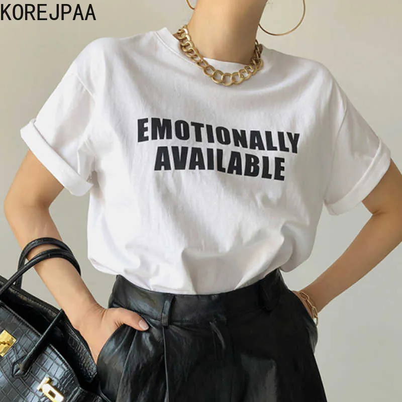 Korejpaa Dames T-shirt Korea Zomer Eenvoudig Casual O-hals Letter Printing Design Losse Wilde Pullover Korte Mouw Tee Tee Top 210526