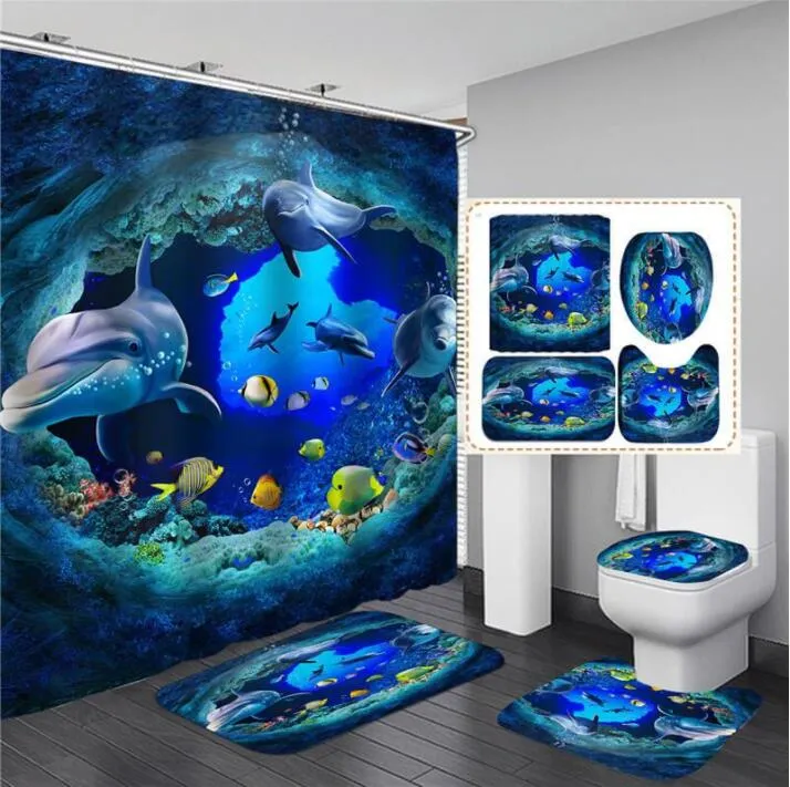set Bathroom Shower Curtain Set Waterproof Printing Ground Mat Cover Toilet Seat Covers Home Decor 180X180CM2866