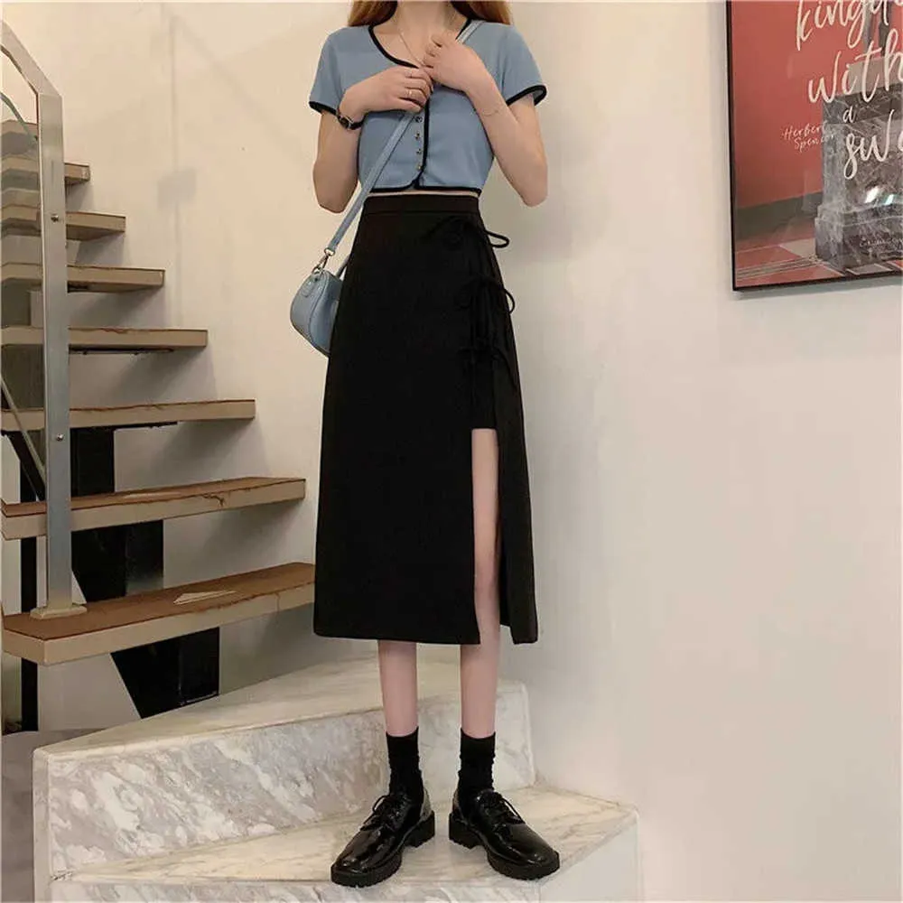 Lace-Up High Waist Split Long Skirts Women Summer Yellow Irregular Black Midi Skirts Korean Fashion Solid Color Streetwear 210619