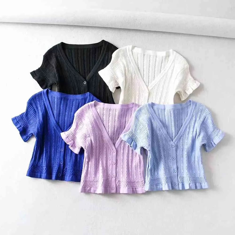 Cardigan rose à volants d'été pour femmes, pull-over, vêtements de mode coréenne, bouton sexy tricoté 210521