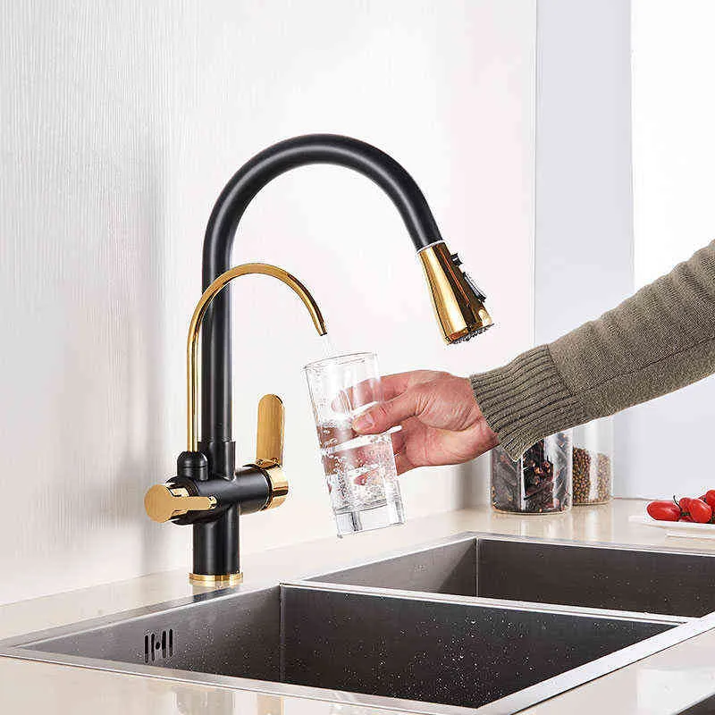 Gold /Black/Chrome Kithcen Purified Faucet Pull Out Water Filter Tap 2/3 Way Torneira Cold Mixer Sink Crane Kitchen Drink 211108