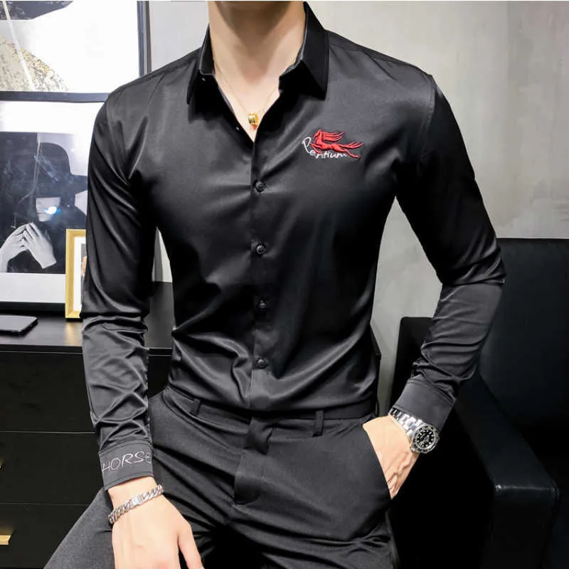 British Style Men Shirts White Black Long Sleeve Casual Slim Fit Shirt Male Business Formal Dress Shirt Streetwear Chemise Homme 210527