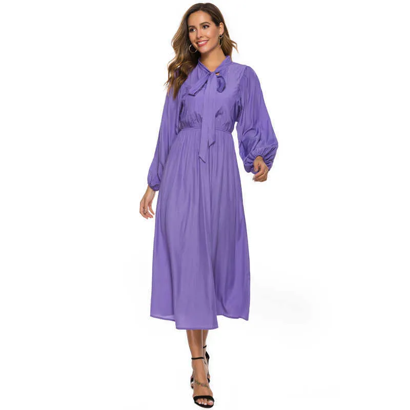 Femmes Robe élégante à lacets Collier Bowtie Lanterne Manches Violet Couleur Lâche Plus Taille Design Bureau Work Wear Spring Summer 210527