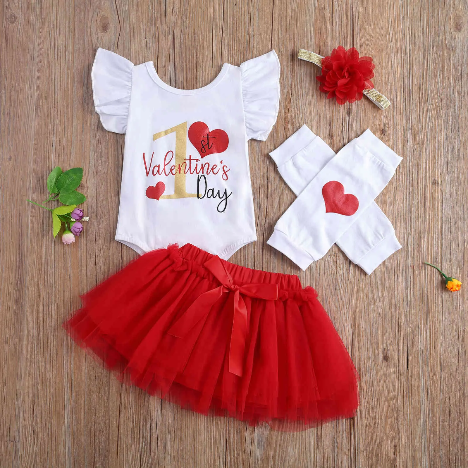 0-24m Min 1: a Alla hjärtans dag född spädbarn Babyflickor Kläder Set Ruffles Röda Kjolar Outfits Söt kostymer 210515