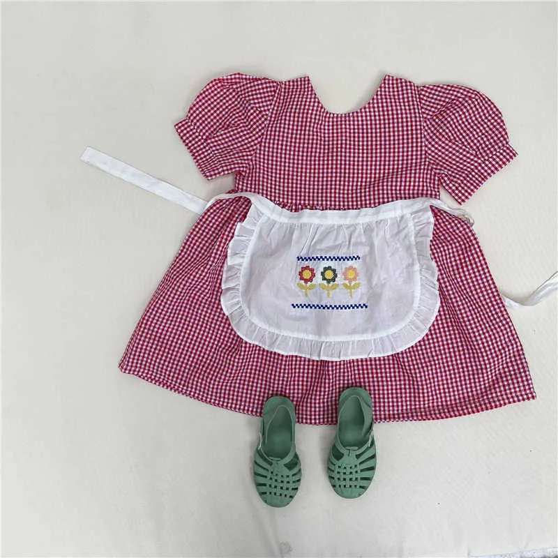 Koreanischen Stil süße Baby Mädchen Plaid Kurzarm Kleid Kinder Baumwolle Freizeitkleider mit Schürze 210615