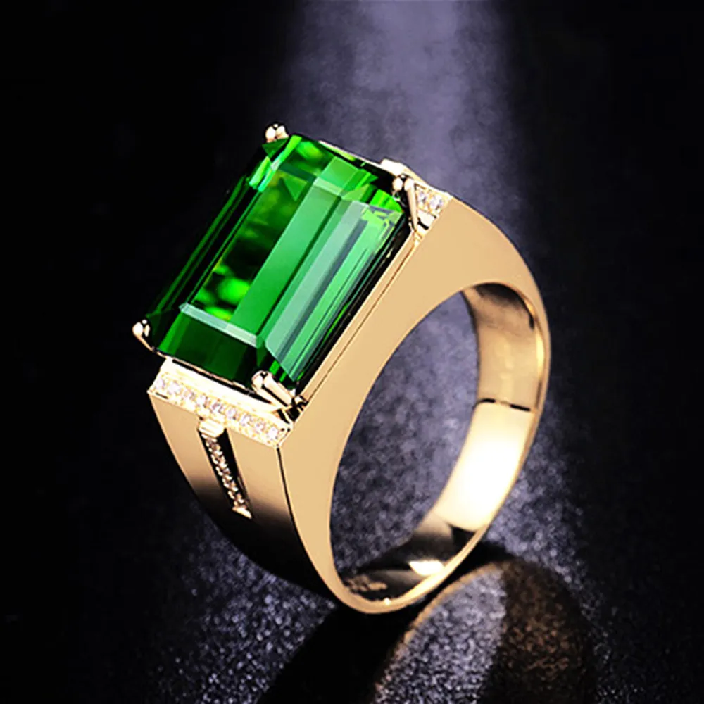 Square emerald gemstones green crystal AAA zircon diamonds rings for men luxury gold color finger band jewelry bague accessory