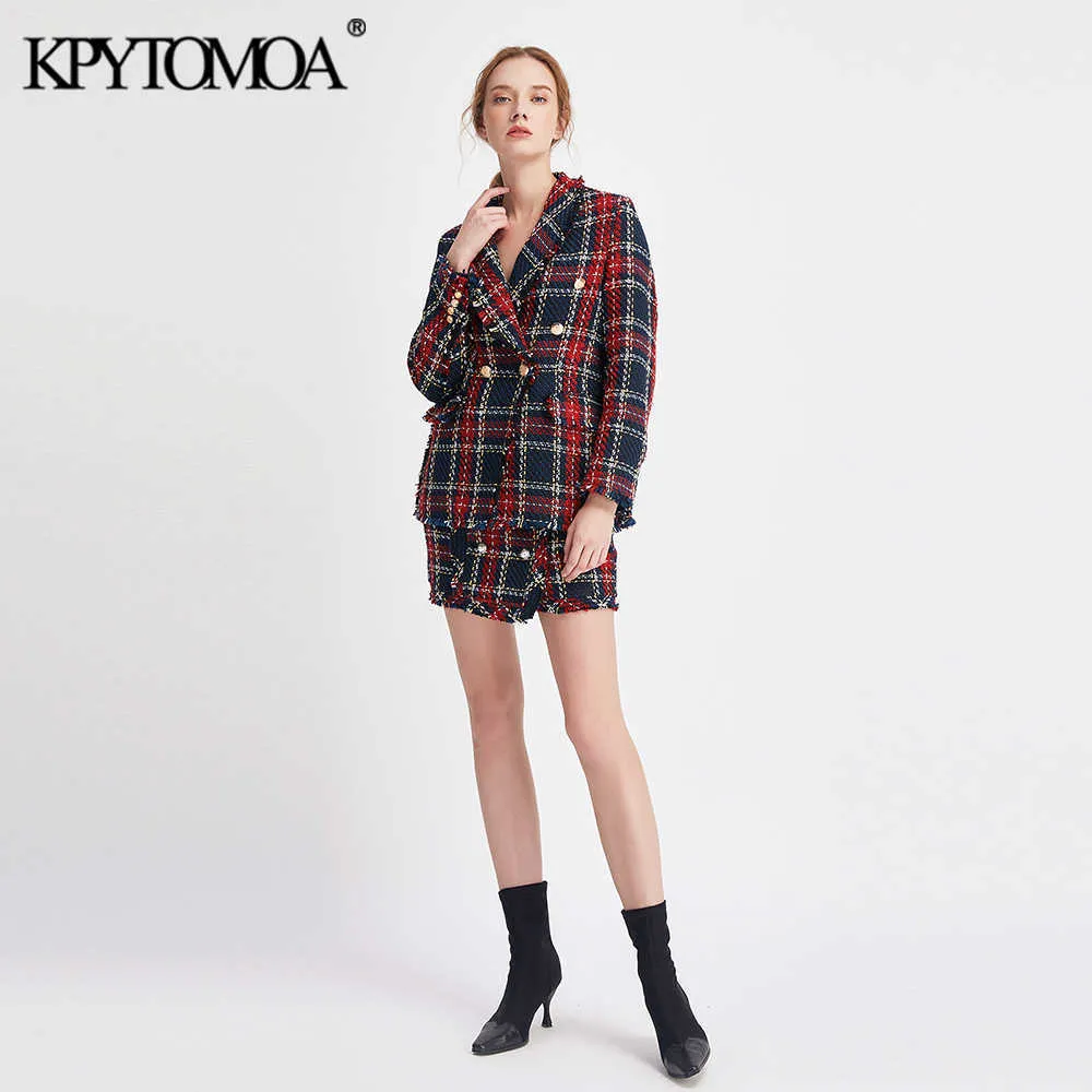 KPYTOMOA Dames Mode Double Breasted Frayed Check Tweed Blazers Jas Vintage Lange Mouw Vrouwelijke Bovenkleding Chic Tops 210930
