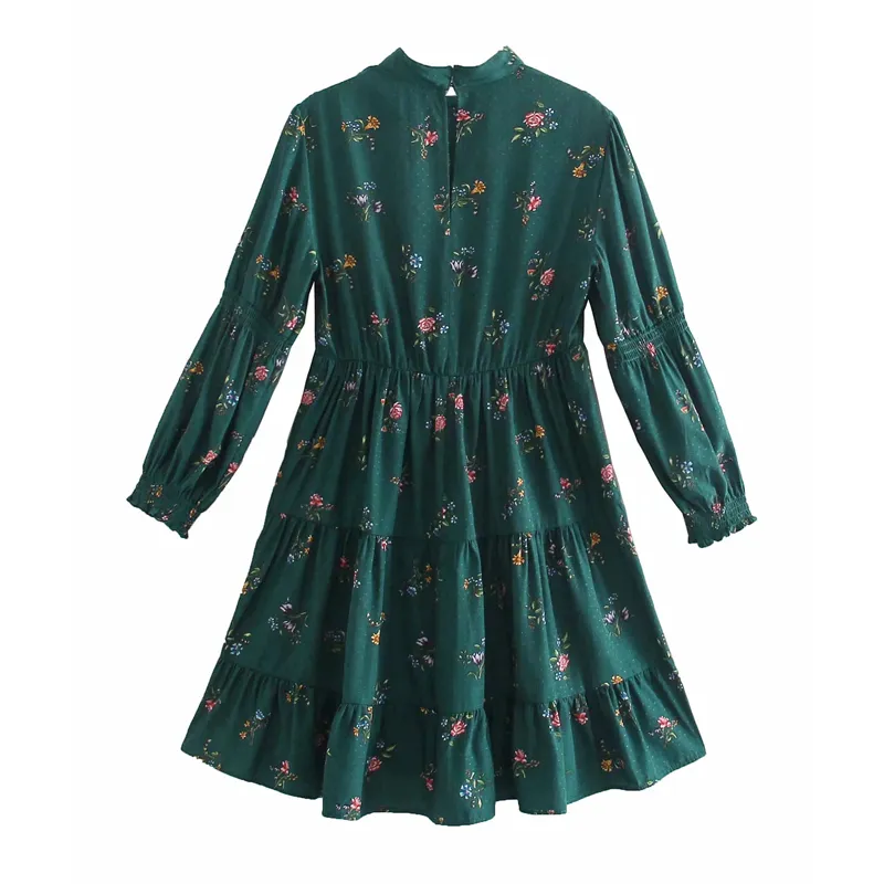 Mini abito con stampa floreale verde Donna Primavera Collo alto Manica a sbuffo Casual es Donna Ruffle Vintage 210519