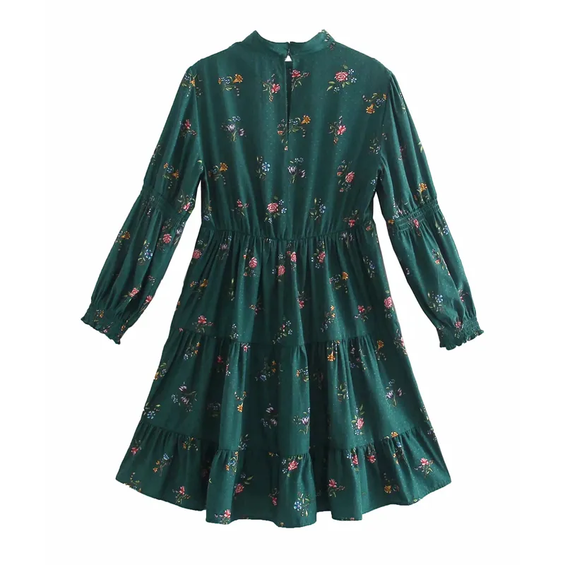 Zielony Kwiatowy Druku Mini Dress Kobiety Wiosna Wysoki Neck Rękaw Puff Sleeve Dorywczo Es Wzburzyć Vintage 210519