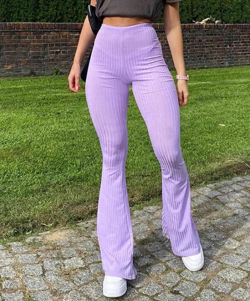 Pantaloni svasati da donna Pantaloni lunghi a vita alta elastici sottili lavorati a maglia da donna Pantaloni sportivi viola da donna Abbigliamento vintage femminile 210522