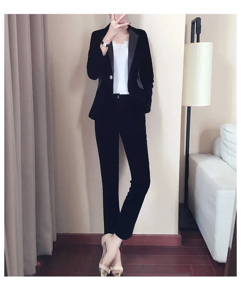 Pantaloni da donna professionali adatti ad alta qualità Blazer nero slim di grandi dimensioni in velluto dorato Casual ufficio in due pezzi 210527