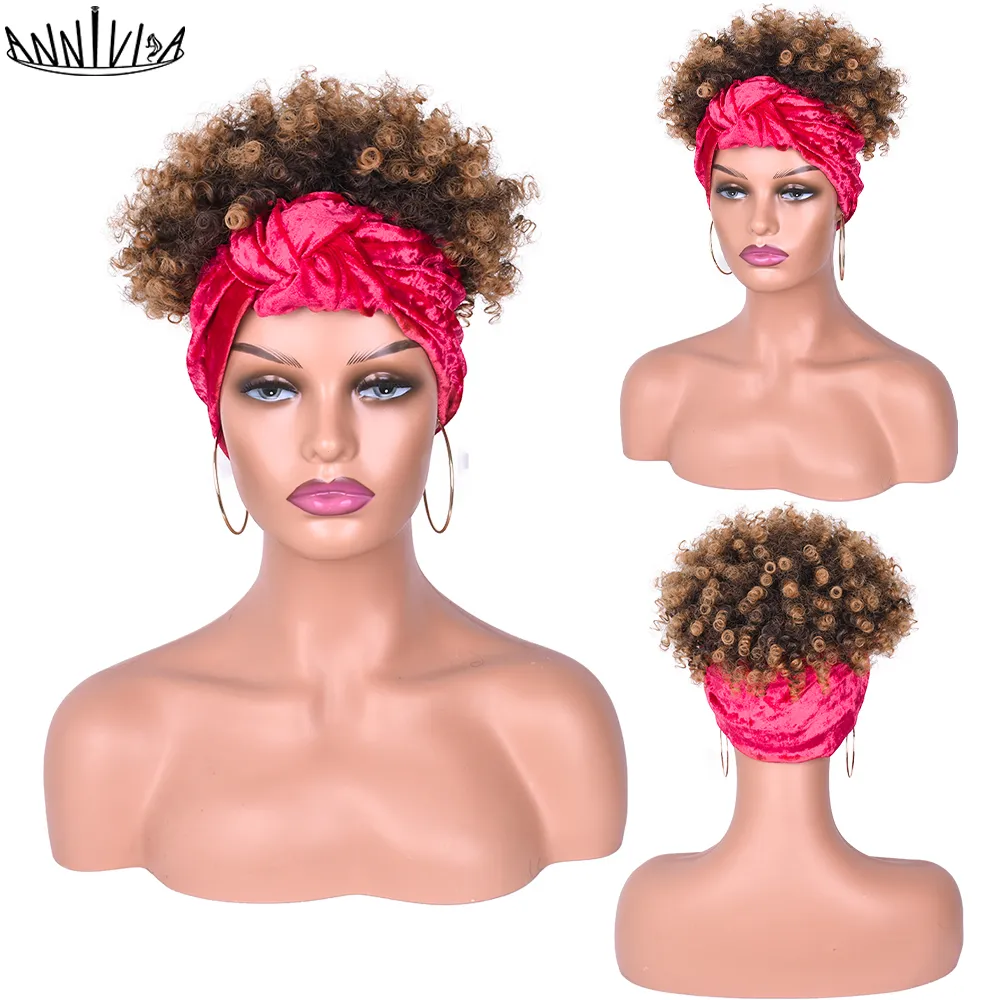 Parrucca corta afro crespa riccia con fascia 2 in 1 parrucche turbante le donne nere Puff coulisse fibra resistente al calore Hairfactory diretta