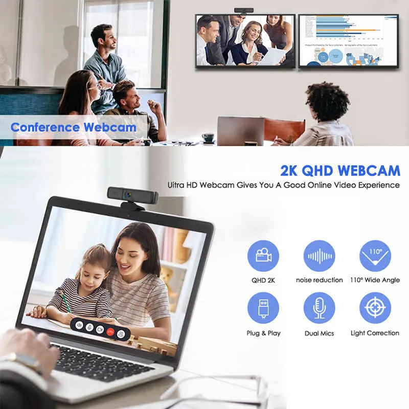 4 millions de pixels PC USB Webcam 2K Autofocus Web avec Microphone Ordinateur Enseignement en ligne en direct WebCamera