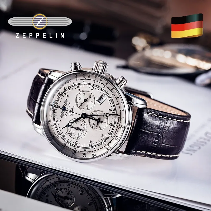 Часы Zeppelin, водонепроницаемые кожаные деловые повседневные кварцевые мужские многофункциональные хронографы с тремя глазами 220225267O