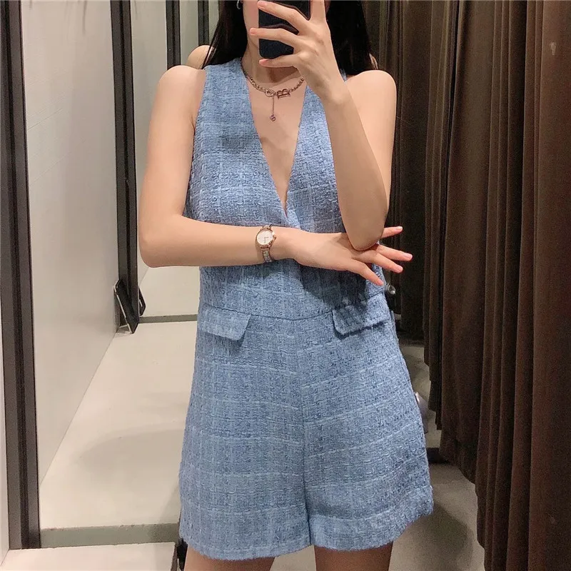 Mode Süße Taschen Tweed Playsuits Frauen V-ausschnitt Ärmellose Zurück Zipper Weibliche Kurze Overalls Mujer 210430