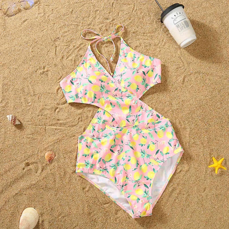 Matching da bagno abbinata mamma figlia limone stampa bikini papà figlio bagno costante da bagno da donna da uomo coppie abiti da bagno ragazzi 210417