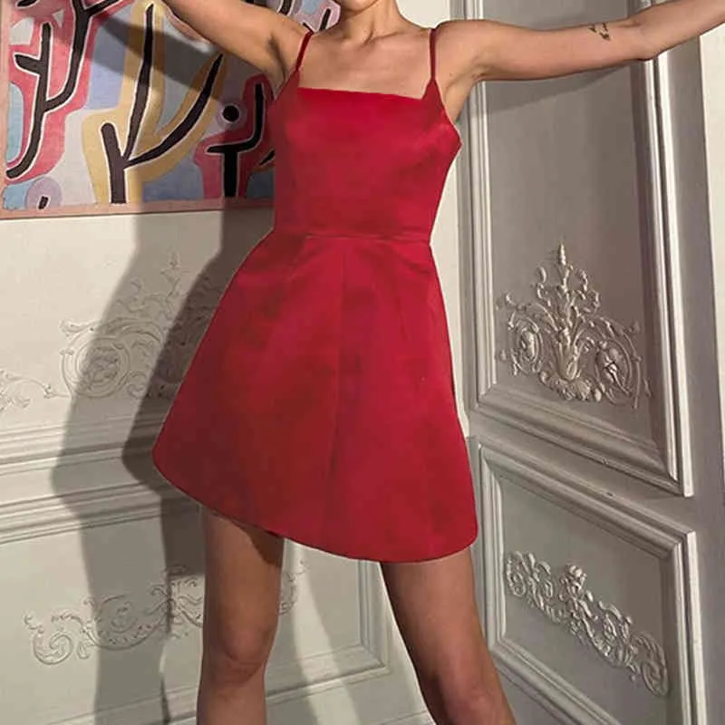 Spaghetti Strap Dress for Women Satin Summer Black Red Sexy Party Bandage Backless A-Line Mini Silk Dresses 210521