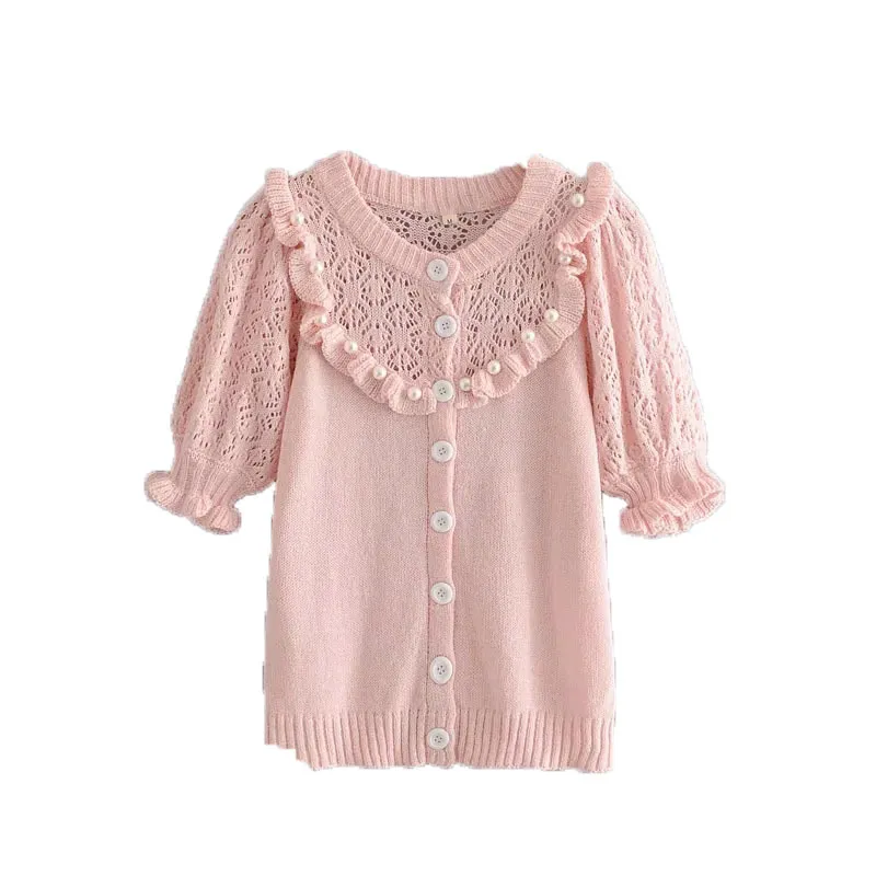 Femmes Sweet Chic Perle Volants Décoration Blouses tricotées Mode Filles Boutons O-Cou Puff Manches Chemises Tops 210520