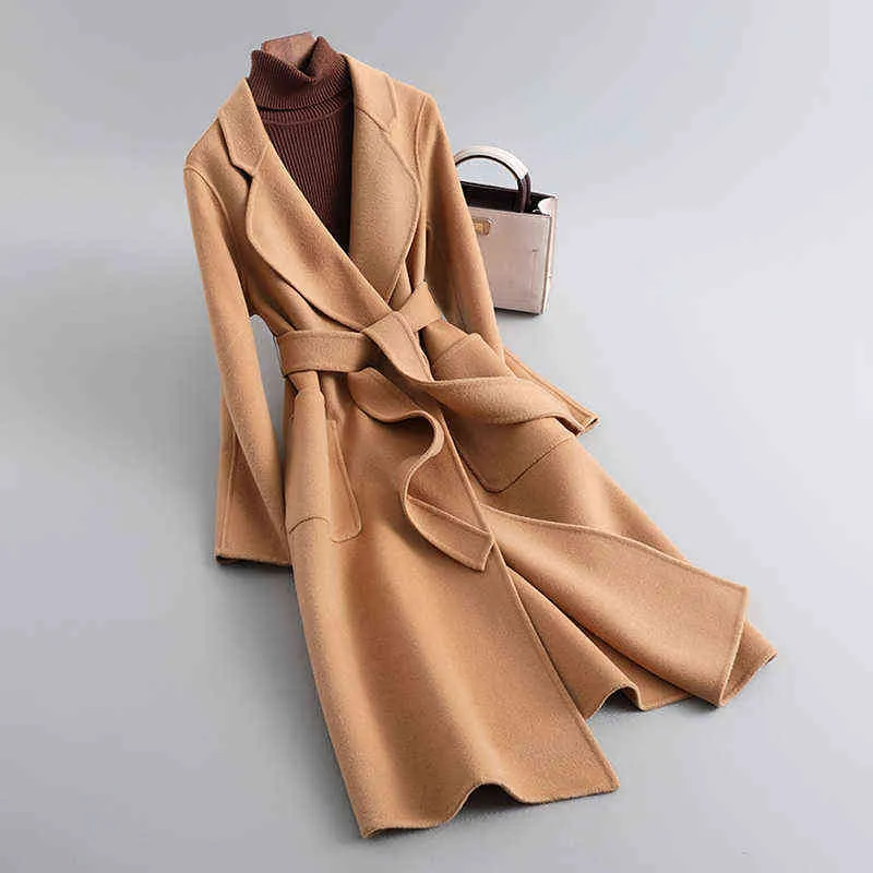 Manteau en cachemire Double face classique d'hiver manteau en laine pour femmes avec ceinture S3652 211118
