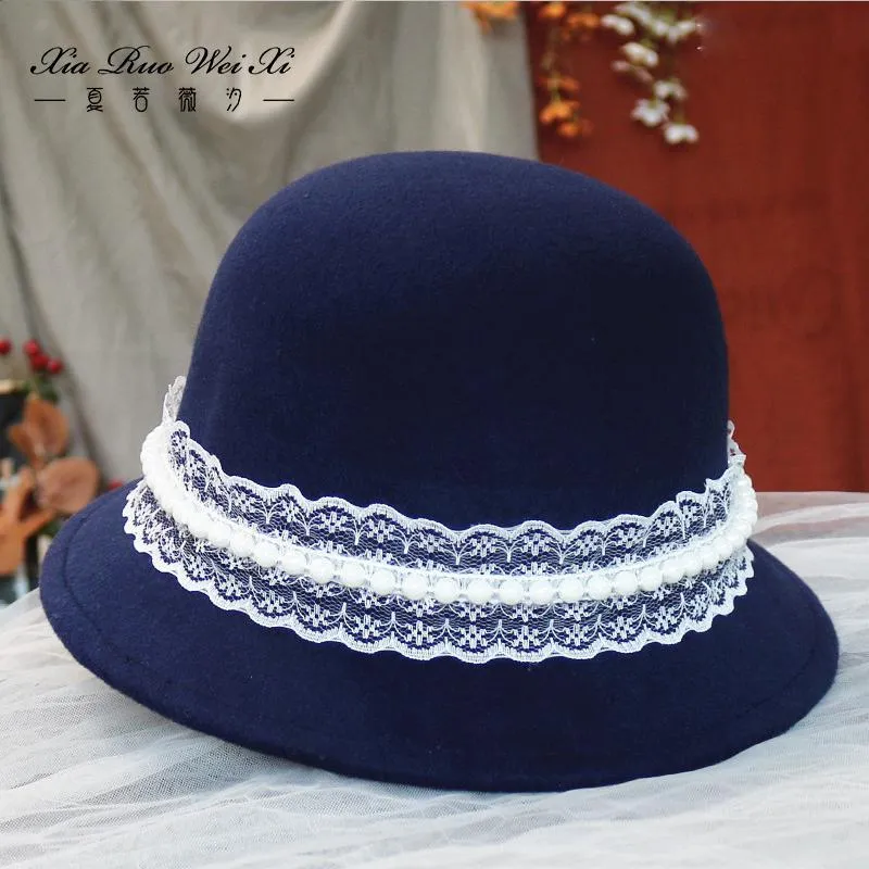 Stingy Brim Hats Elegant Color Wool Top For Women Fashion Street Lolita Hat Pearl Decoration Basin Bucket Cloche Fedora Cape