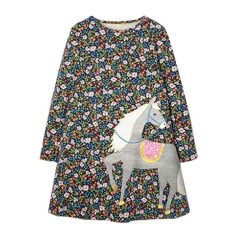 CENKIBEYRA Mädchen Blumen Kleid Cartoon Pferd Kinder Vestidos Langarm Mädchen Kleidung Tiere Kleid Herbst Kostüm Q0716