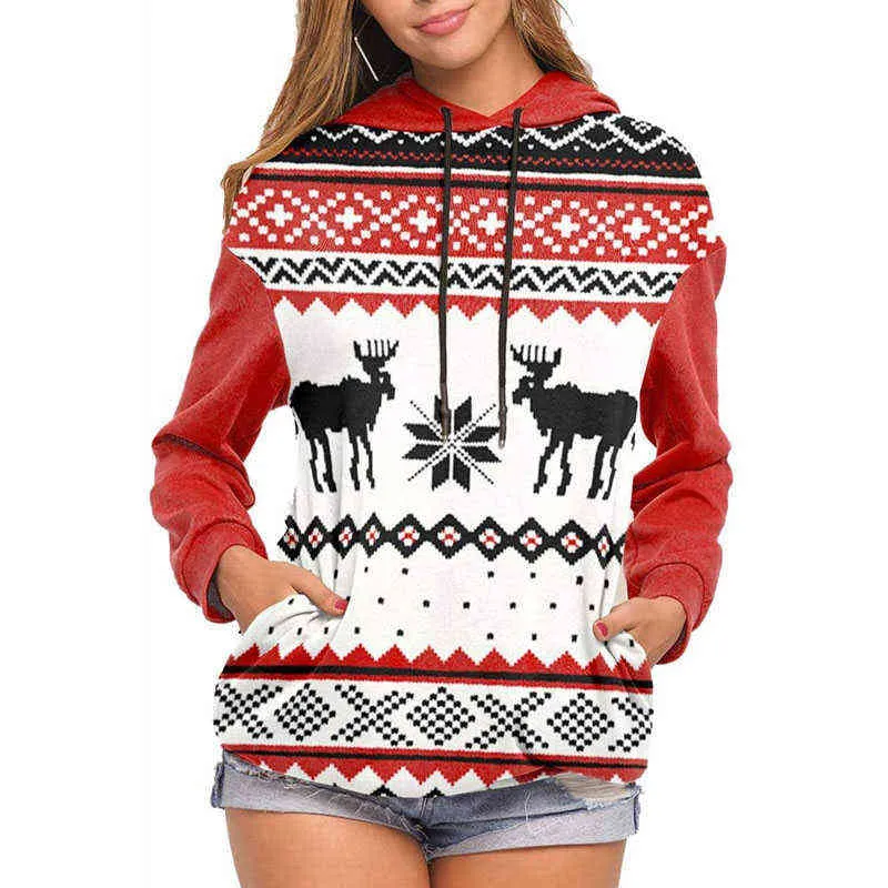 Women Hoodies Christmas Elk Snowflake Cartoon Cute Print Hooded Collar Drawstring Red Pullover Loose Casual Sweatshirt Y1118