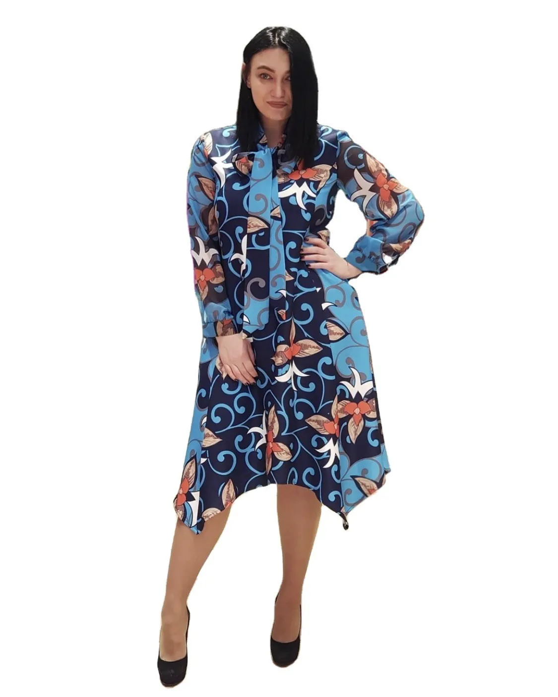 Женщины напечатаны свободное платье с длинным рукавом нерегулярная длина элегантные офисные дамы классный женский мода весна летние африканские ретро 210416