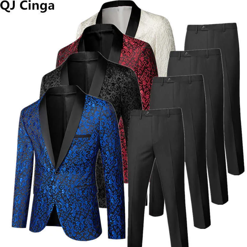 Show/Party Set Men Jacket+Pants Wedding Dress Blazer Coat and Trousers Blue White Red Black Mens Suits Plus Size S-6xl X0909