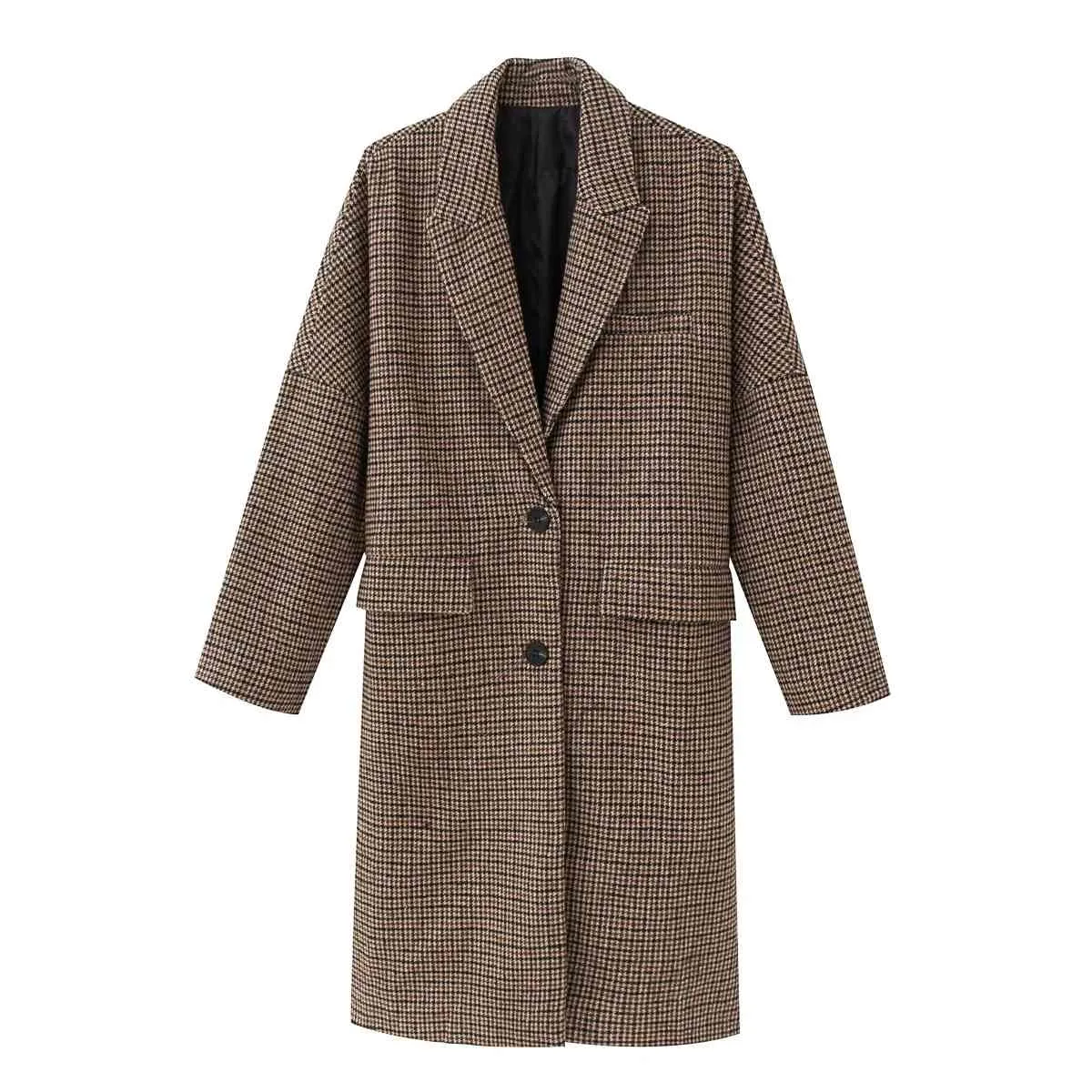 Foridol Vintage Plaid Kaffe Lång ull Blend Coat Höst Vinter Kontrollerad Coat Casual StreetStyle Elegant Long Coat 210415