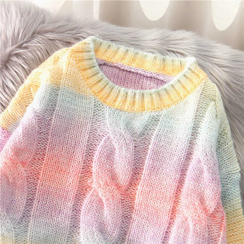 Autumn Winter Women Rainbow Sweaters Tie Dye Pullover O-Neck Long Loose Striped Korean Jumpers Candy Color Oversized Female Tops 211011