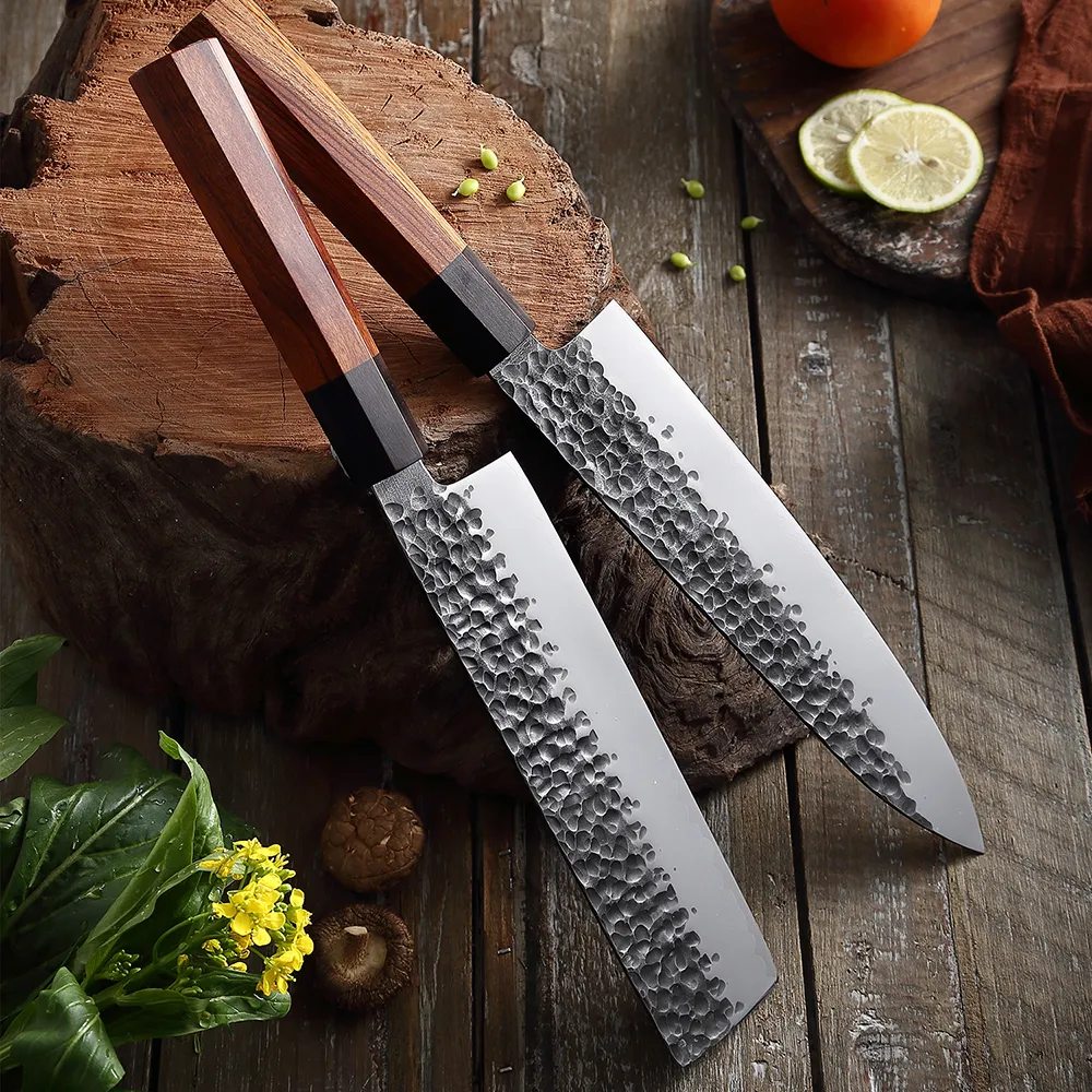 Drie-laags beklede stalen chef Lnife Octagon Handgreep Origineel gesmede hamerpatroon Nit-Stick Nakiri Lnife Kitchen Cooking Knives233B