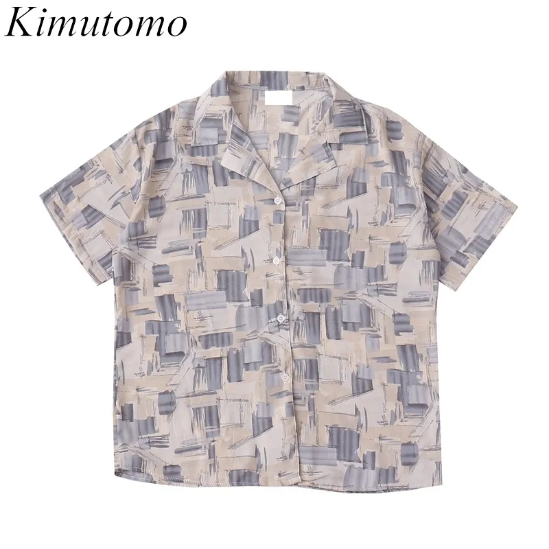 Kimutomo Chic rétro imprimé Blouse femmes Hong Kong mode femme cranté à manches courtes chemise ample été haut décontracté 210521
