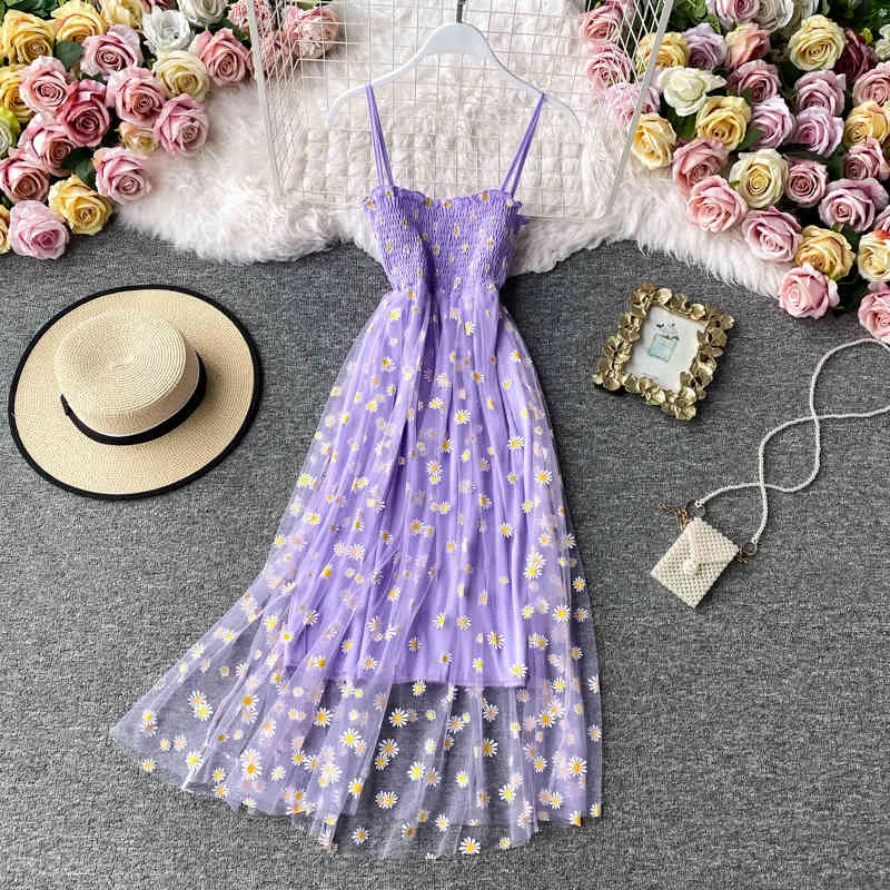 Women Daisy Print Dresses Summer Sexy Lace Mesh Dresses Spaghetti Strap Ruched Floral Korean Style Dress Purple X0521