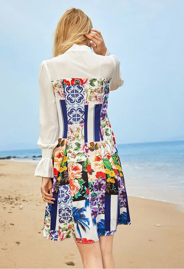 stile designer blu bianco stampato floreale increspato increspature A-line manica lunga fiocco pizzo mini abito donna veste mujer femminile 210421
