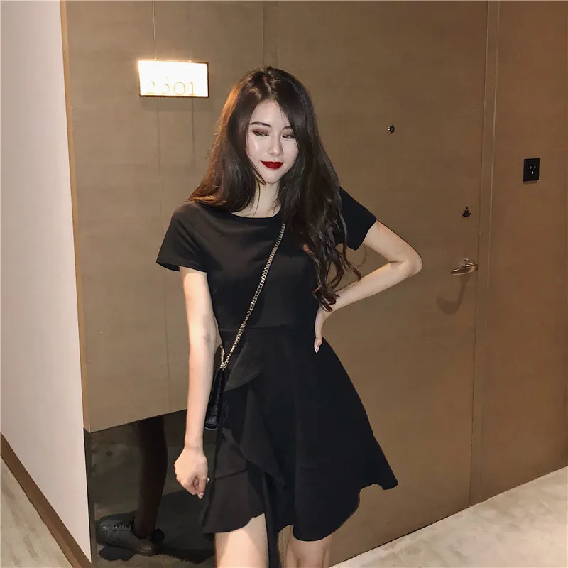 Solide Rüschen Vestidos Kurzarm Hohe Taille Schwarze Frauen Kleid Sexy Mini Kleider Koreanische Mode Ins 15052 210415