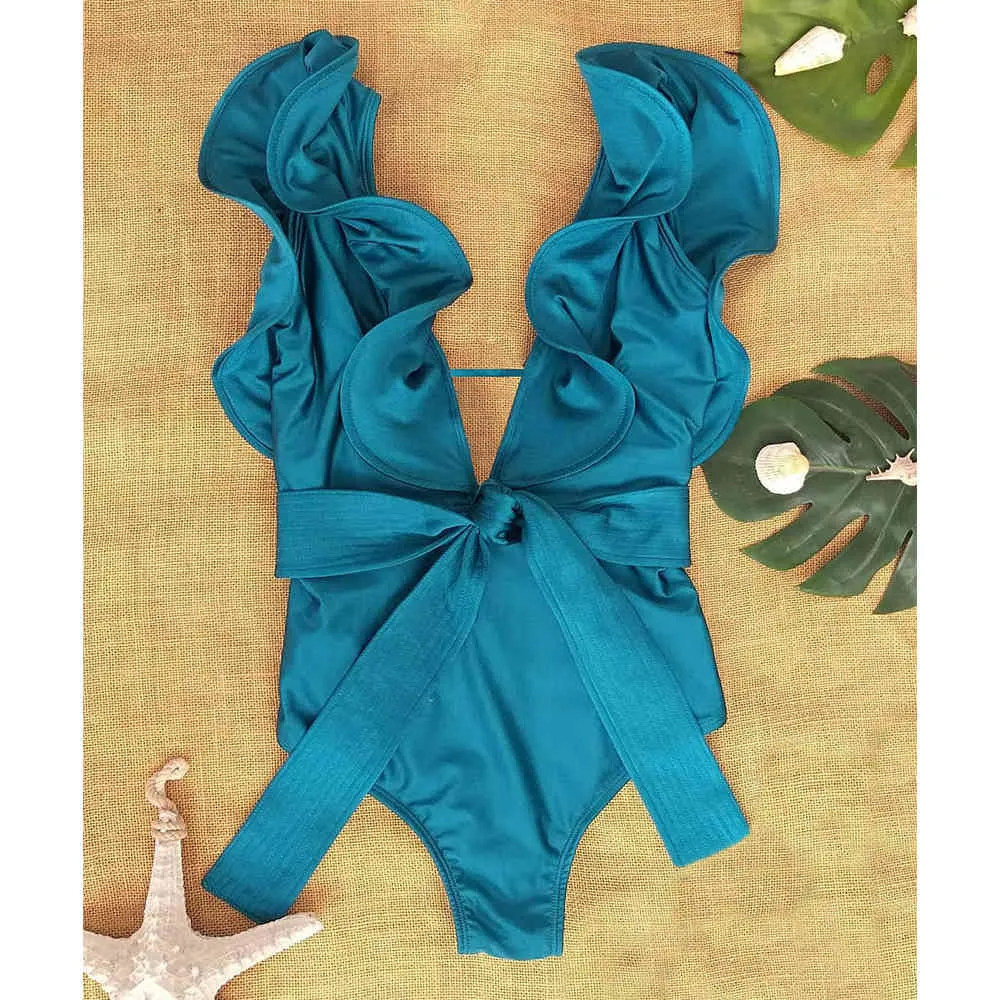 섹시한 주름 프린트 플로럴 끈 끈적 끈적한 슬리밍 수영복 여성 수영복 딥 -V 수영복 해변 마모 monkini 210407