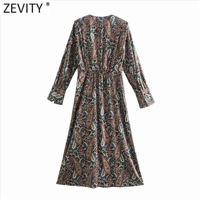 Frauen Vintage V-ausschnitt Cashew Nüsse Drucken Elastische Taille Kimono Midi Kleid Femme Retro Casual Slim A-linie Vestido DS4828 210416