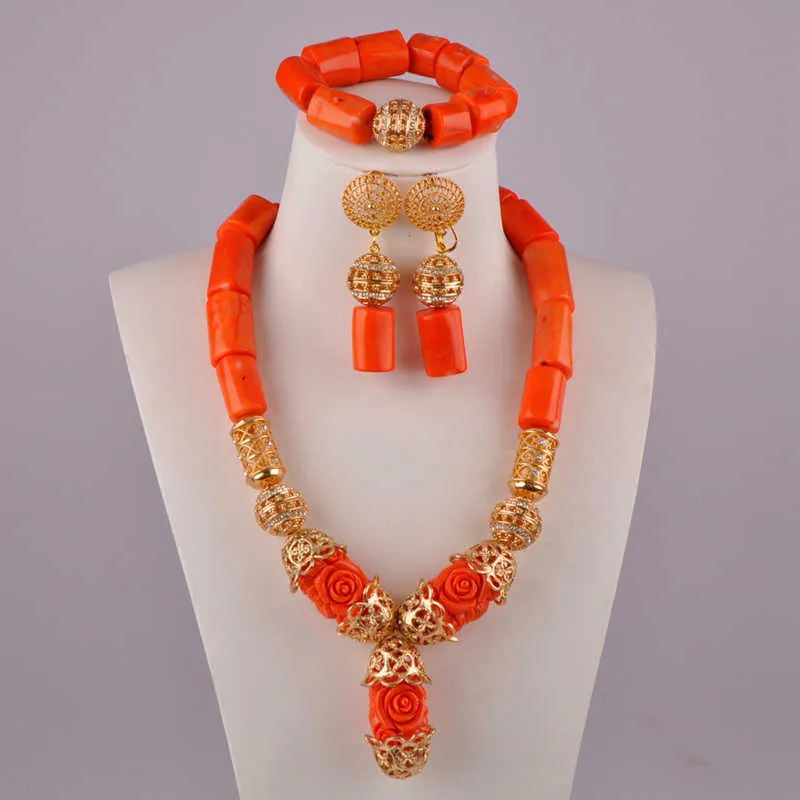set di perline africane gioielli collana di corallo naturale set di gioielli in corallo arancione matrimonio nigeriano H1022