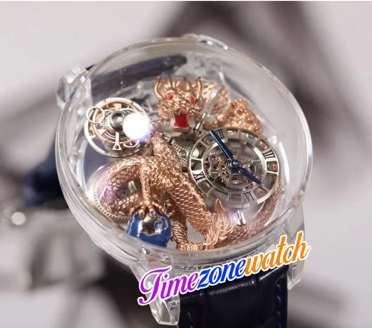 Astronomia Tourbillon Rose Gold Dragon Schweizer Quarz Herrenuhr Pave Piece Einzigartiges, vollständig transparentes Glas 3D-Gravur Blaues Leder268R