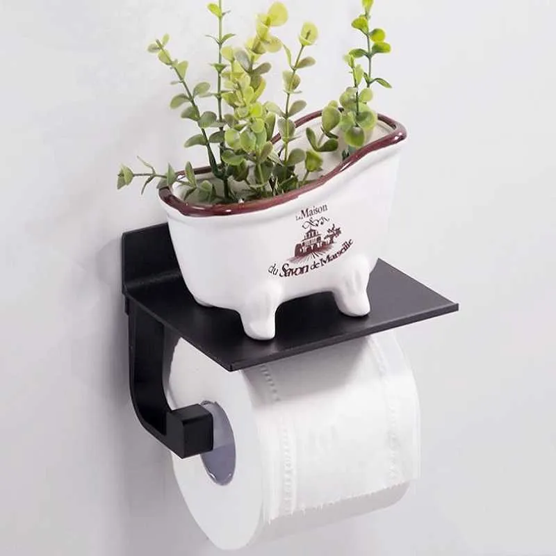 Aluminum Toilet Paper Punch Free Holder with Phone Shelf Wall Mounted, Bathroom Accessories Tissues Roll Dispenser 210709