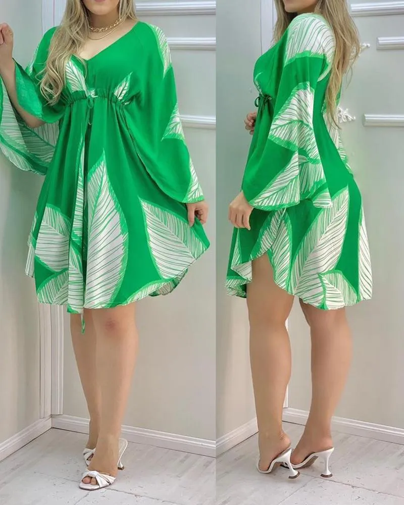 Cape Sleeve Leaves Print Ruched Summer Dress Women X0521