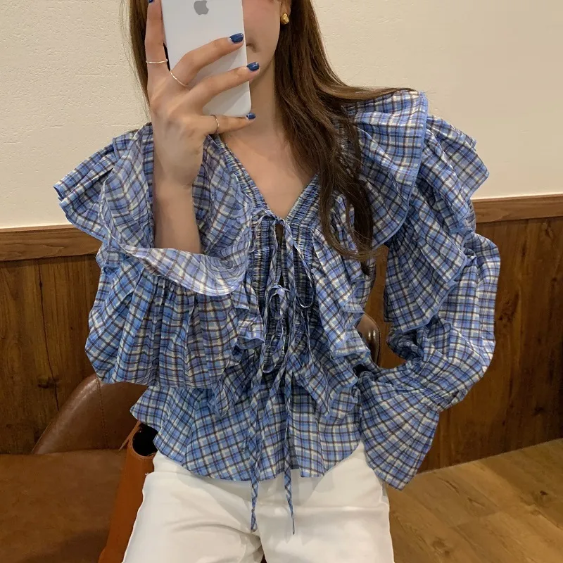 Lente ruches zoete plaid v-hals losse zachte blouses streetwear allemaal match stijlvolle flare sleeves tops shirts 210525