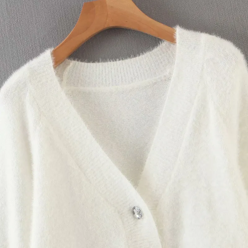 Mulheres de outono sólida camisola manga comprida v-pescoço botão aberto ponto aberto feminino elegante rua moda s pano 210513