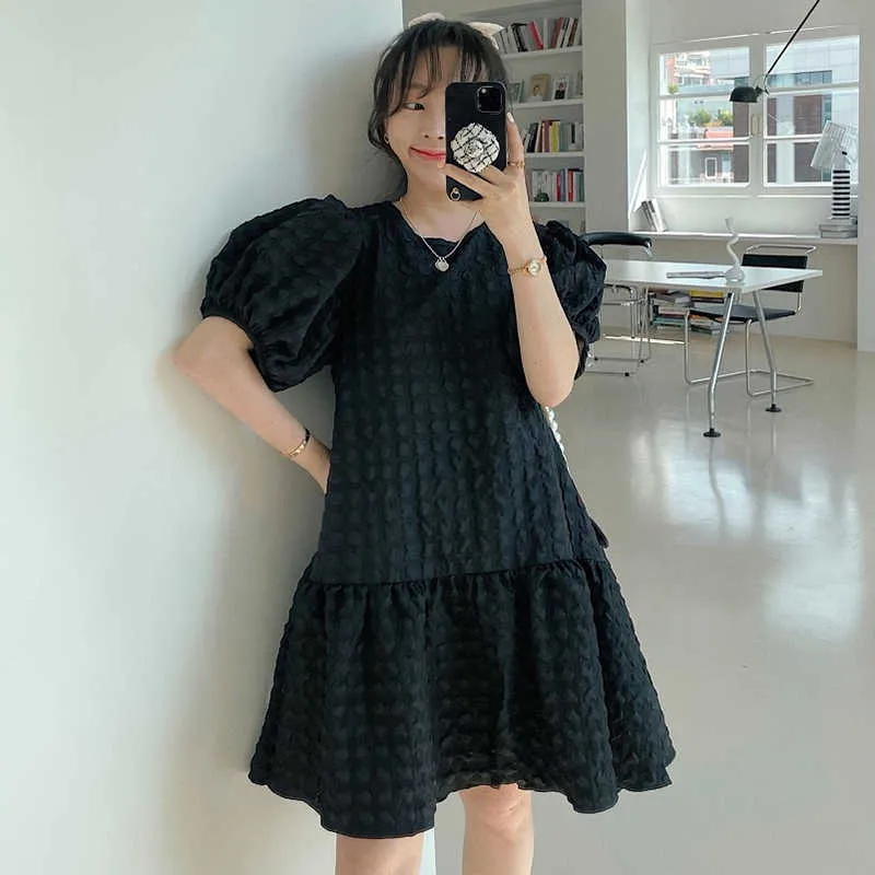 Korejpaa Women Dress Summer Korean All-Match Round Neck Stand Collar Texture Design Loose Ruffled Doll Puff Sleeve Vestido 210526