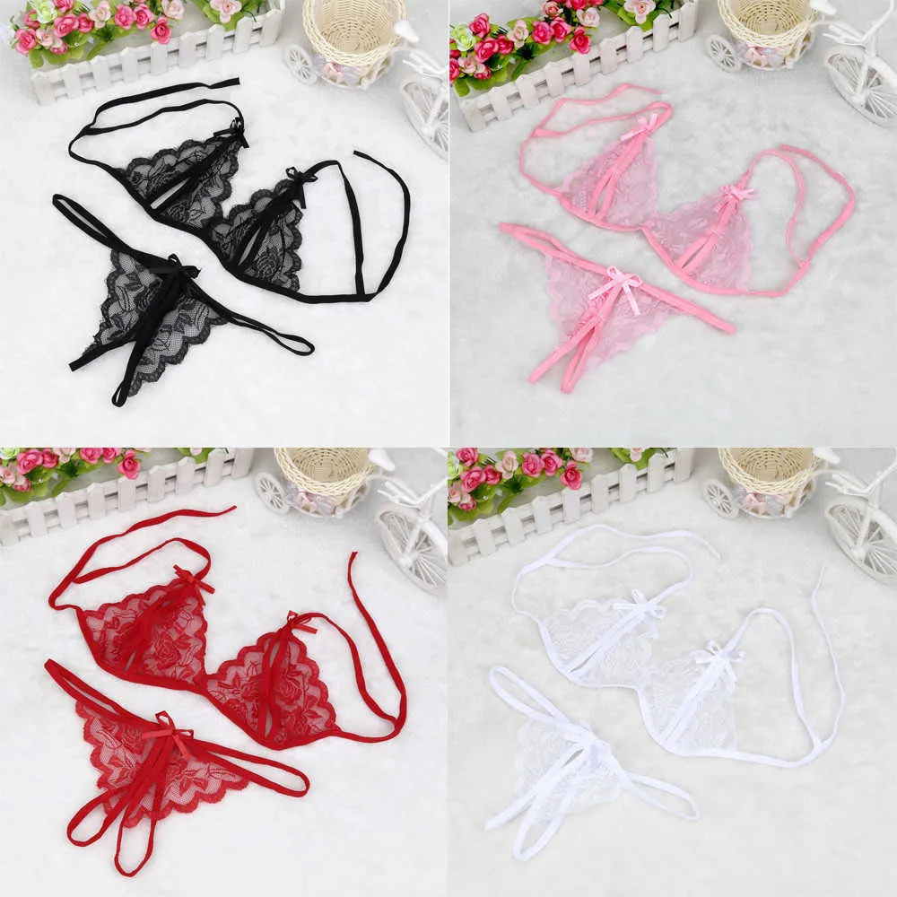 Sexy Pizzo Trasparente Sexy Porno Lingerie Reggiseno Panty Perizoma Set Donna Tinta unita Fasciatura Scava Fuori Tuta Biancheria intima erotica Y0911