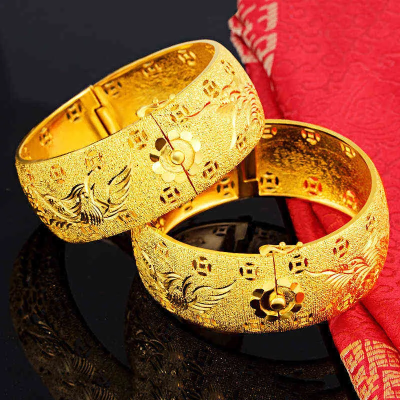999 Plaqué Or Jaune Dragon Phoenix Double Bonheur Bracelet pour Femmes En Laiton Mariée Bijoux De Mariage Bracelets