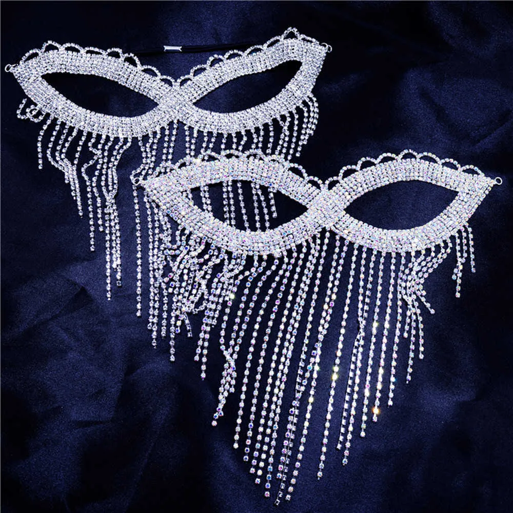 Gioielli di lusso con strass di danza del ventre lungo velo di nappa le donne Accessori catena di maschera mascherata a pieno facciale di cristallo