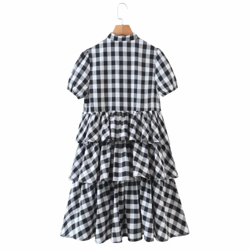 Wiosna Moda Kobiety Cascading Wzburzyć Plaid Mini Sukienka Kobiet Stojak Kołnierz Krótki Rękaw Odzież Dorywczo Los Loose Vestido D7239 210430