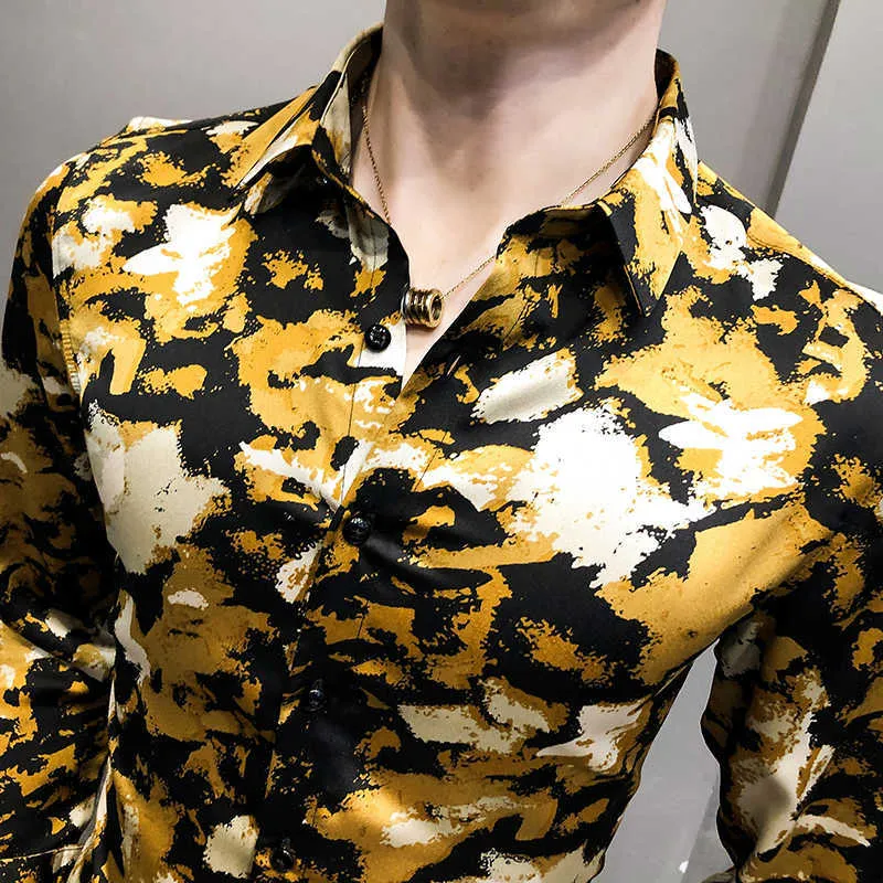 男性春の長袖カジュアルスリムフィットドレスシャツストリートウェアナイトクラブ衣料品キショスホム210527のためのアート迷彩シャツ