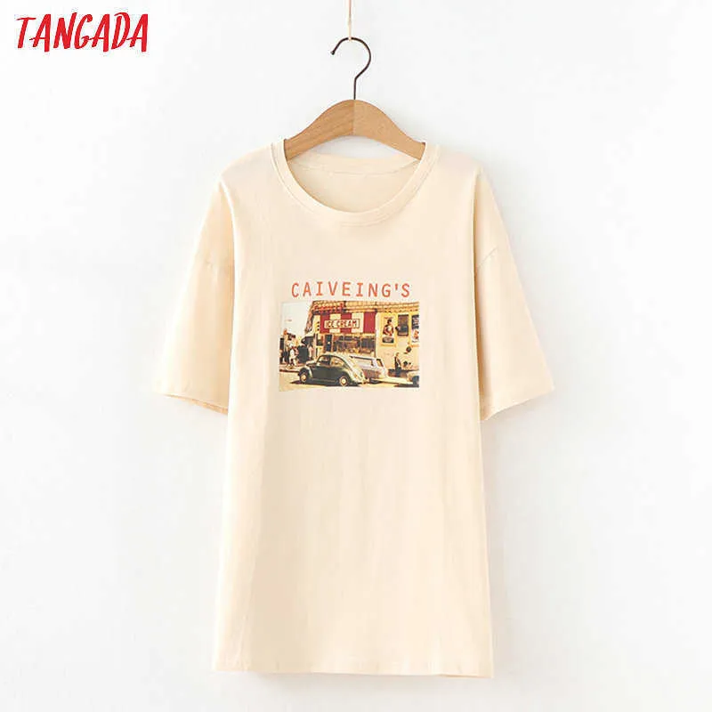 Tangada femmes 70s imprimé coton t-shirt à manches courtes style petit ami surdimensionné t-shirt décontracté chemise street wear haut BAO10 210609
